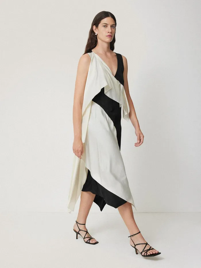 Women Sculptural Silk Twill Dress Monochrome Jigsaw Party