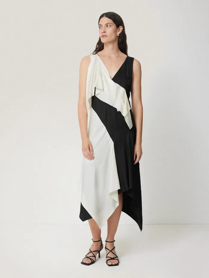 Women Sculptural Silk Twill Dress Monochrome Jigsaw Party