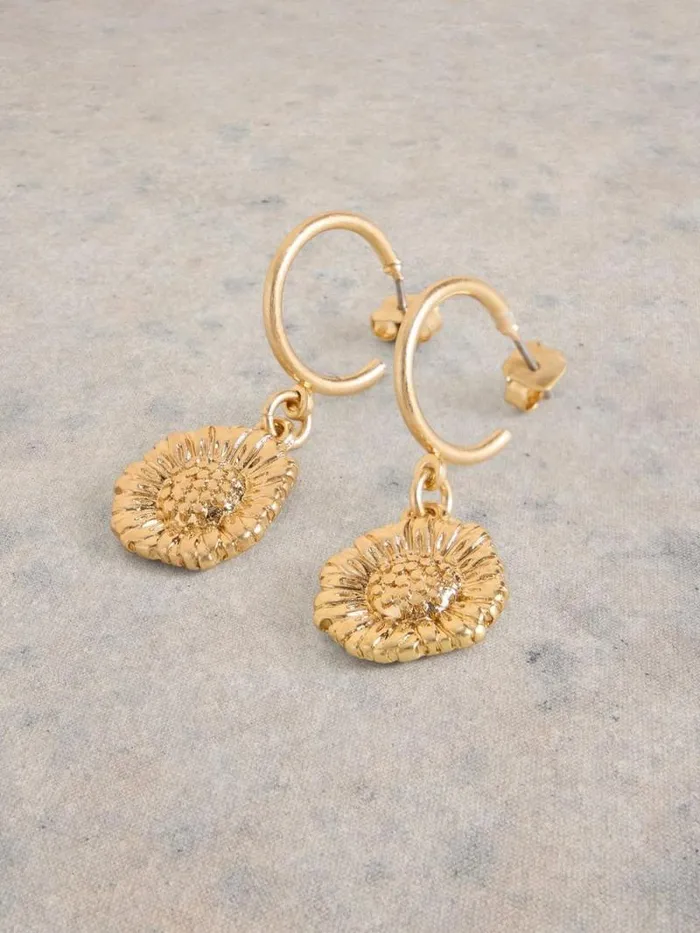 Women Sunflower Drop Earring Gold Tone Metallic White Stuff Jewellery