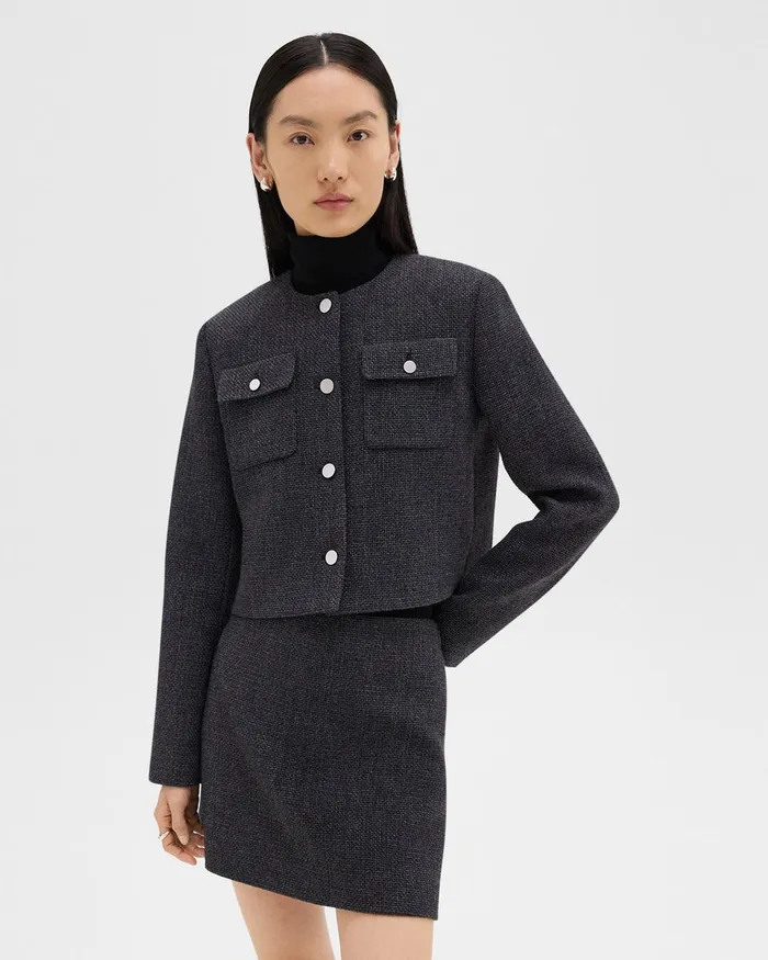 Women Theory Blazers Jackets Cardigan Jacket In Tweed Charcoal Melange