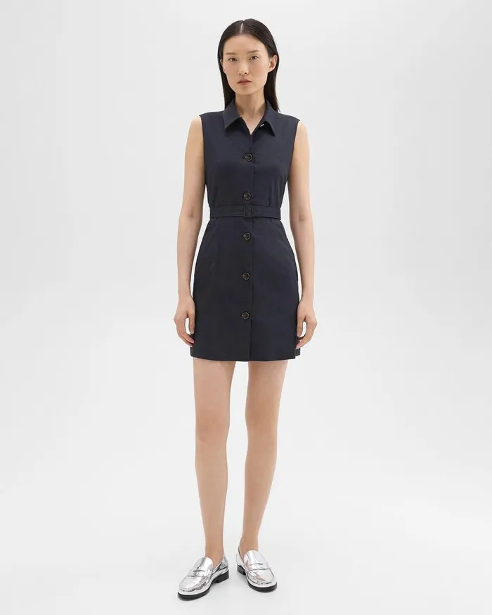 Women Theory Dresses Belted Military Dress In Stretch Linen Concord