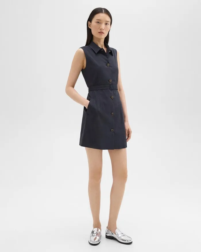 Women Theory Dresses Belted Military Dress In Stretch Linen Concord