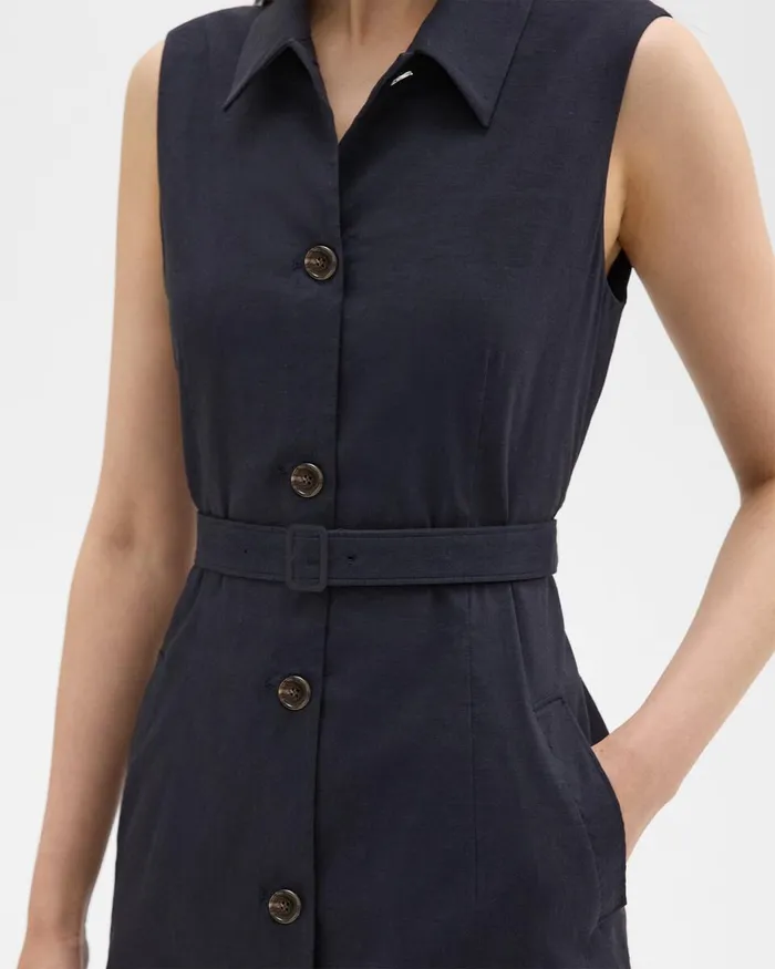 Women Theory Dresses Belted Military Dress In Stretch Linen Concord