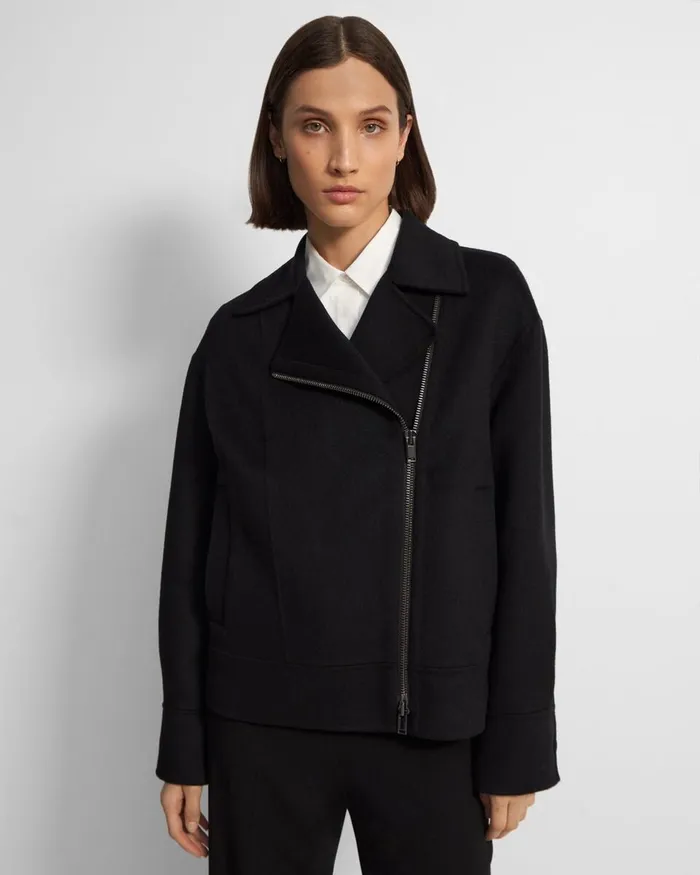 Women Theory Outerwear Oversized Moto Jacket In DoubleFace WoolCashmere Black