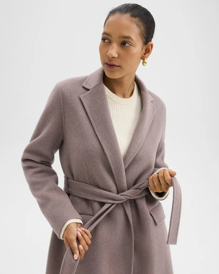 Women Theory Outerwear Wrap Coat In DoubleFace WoolCashmere Cinder Melange