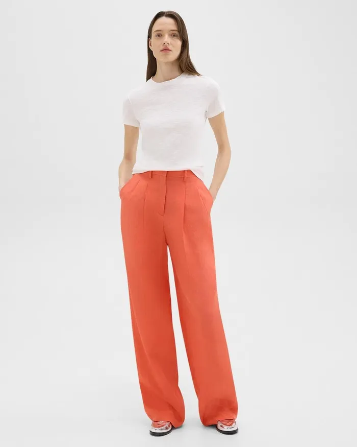 Women Theory Pants Double Pleat Pant In Galena Linen Bright Coral
