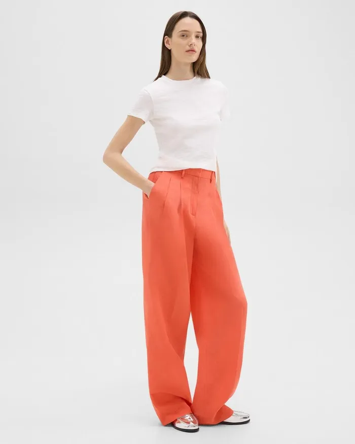 Women Theory Pants Double Pleat Pant In Galena Linen Bright Coral