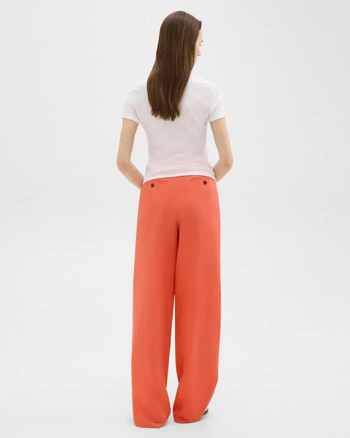 Women Theory Pants Double Pleat Pant In Galena Linen Bright Coral