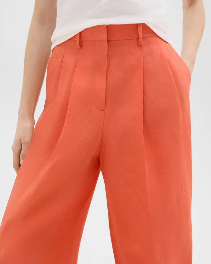 Women Theory Pants Double Pleat Pant In Galena Linen Bright Coral