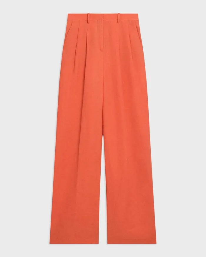 Women Theory Pants Double Pleat Pant In Galena Linen Bright Coral