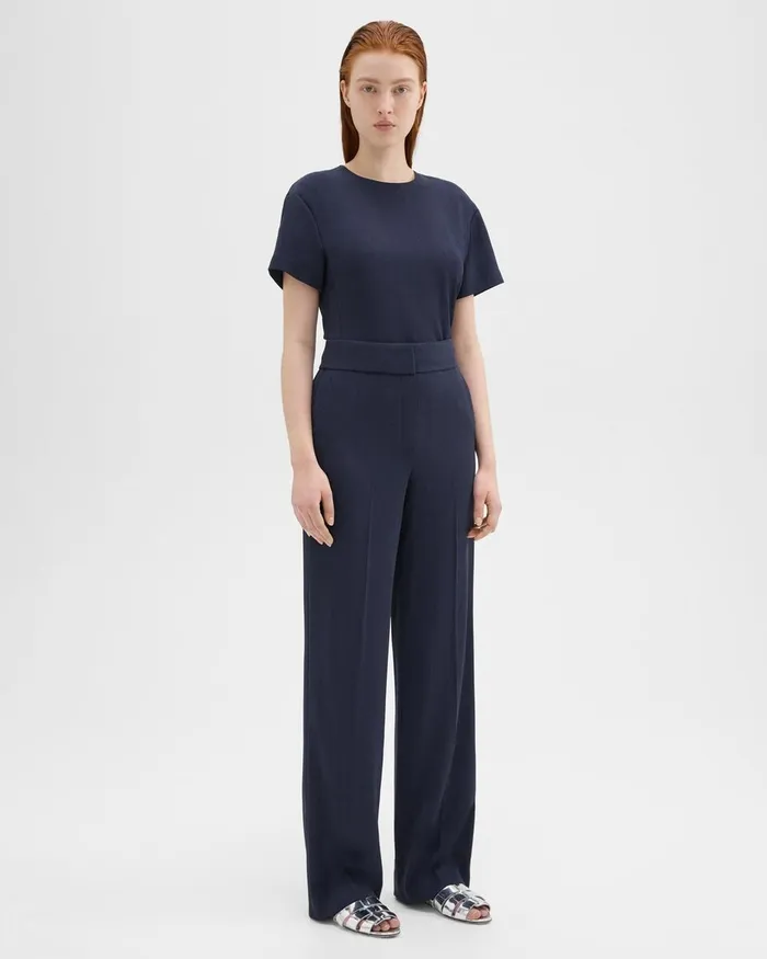 Women Theory Pants HighWaist WideLeg Pant In Striped Admiral Crepe Nocturne Navy