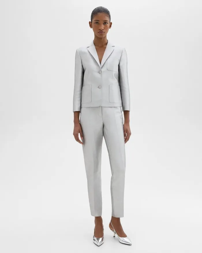 Women Theory Pants Tapered Slim Pant In Metallic Silk Twill Ice Grey