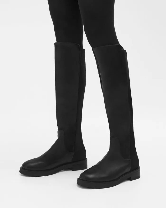 Women Theory Shoes KneeHigh PullOn Boot In Leather Black