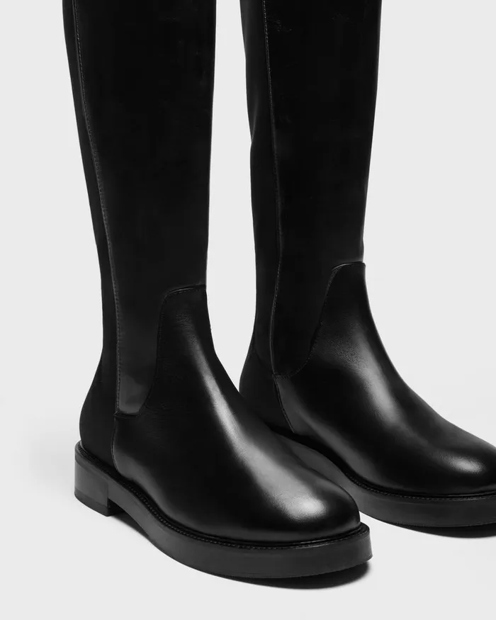 Women Theory Shoes KneeHigh PullOn Boot In Leather Black