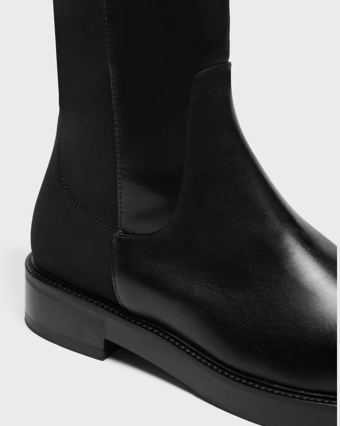 Women Theory Shoes KneeHigh PullOn Boot In Leather Black