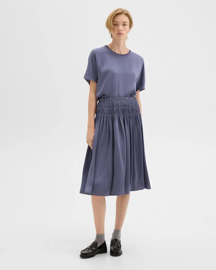 Women Theory Skirts Gathered Midi Skirt In Recycled Satin Aged Sapphire