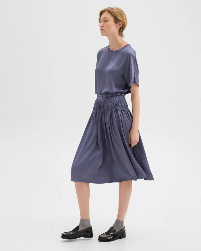 Women Theory Skirts Gathered Midi Skirt In Recycled Satin Aged Sapphire