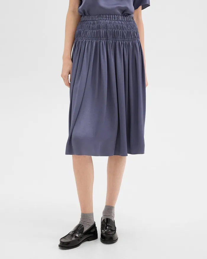 Women Theory Skirts Gathered Midi Skirt In Recycled Satin Aged Sapphire