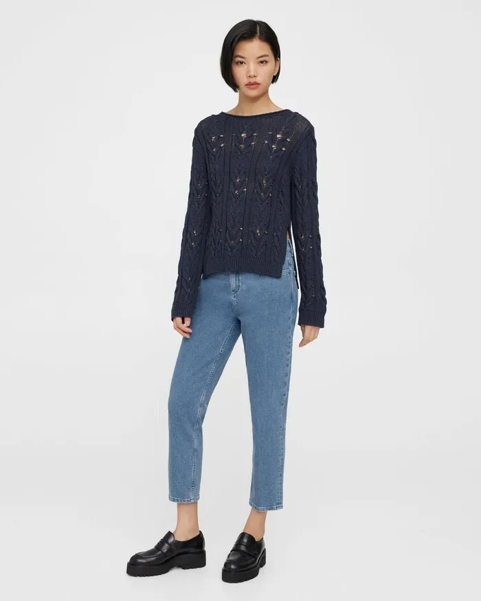 Women Theory Sweaters Cardigans Cable Knit Sweater In SilkCotton Navy