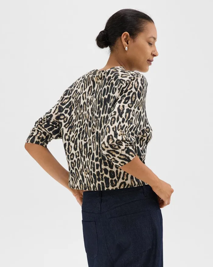 Women Theory Sweaters Cardigans Cropped Leopard Print Sweater In Merino Wool Beige Multi