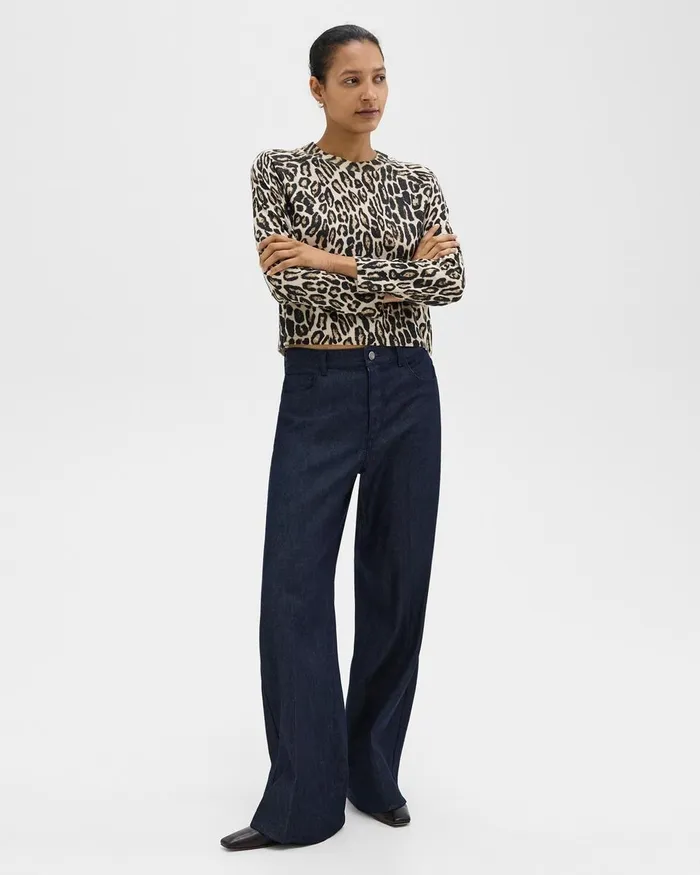 Women Theory Sweaters Cardigans Cropped Leopard Print Sweater In Merino Wool Beige Multi