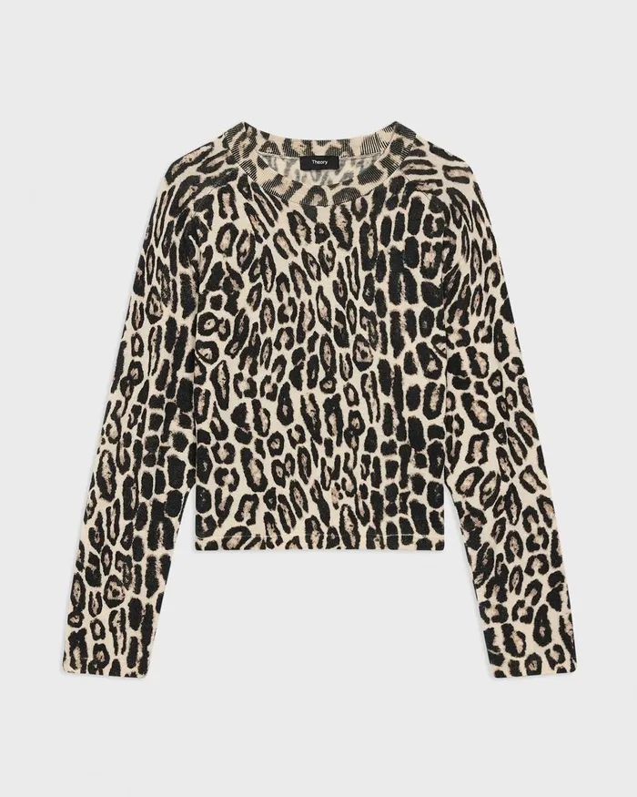 Women Theory Sweaters Cardigans Cropped Leopard Print Sweater In Merino Wool Beige Multi