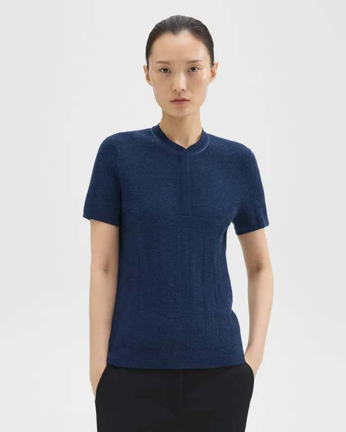 Women Theory Sweaters Cardigans Rib Knit ShortSleeve Henley Wave