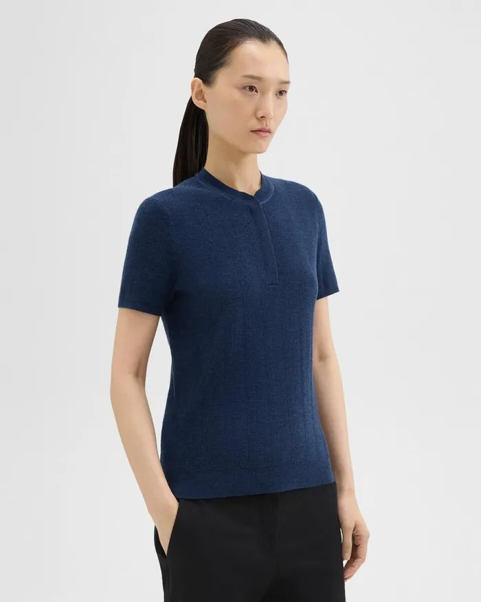 Women Theory Sweaters Cardigans Rib Knit ShortSleeve Henley Wave