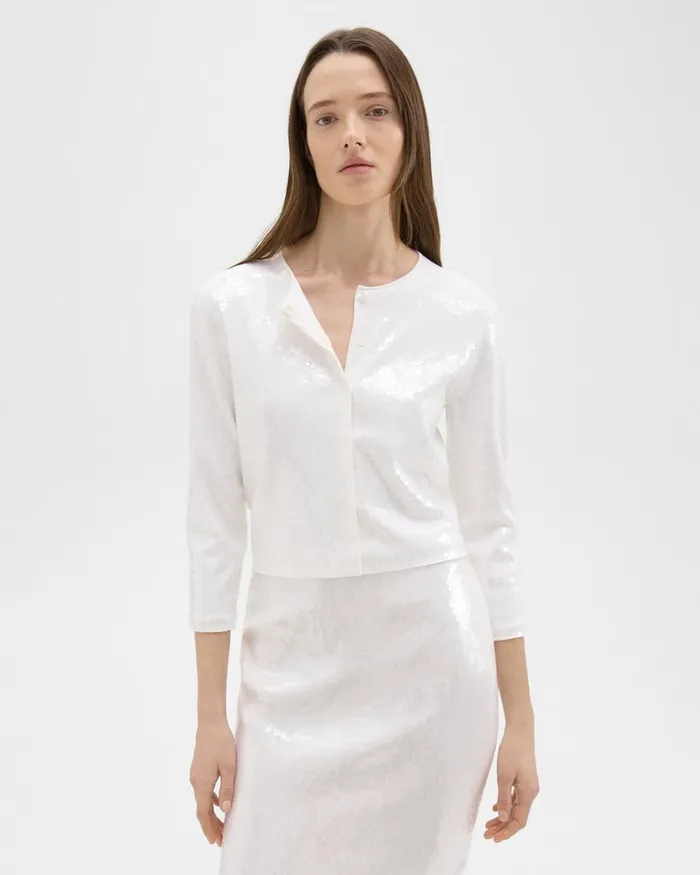 Women Theory Sweaters Cardigans Sequin Cardigan In Crepe Knit White