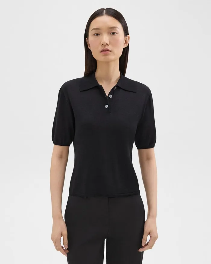 Women Theory Sweaters Cardigans ShortSleeve Polo Sweater In Regal Wool Black