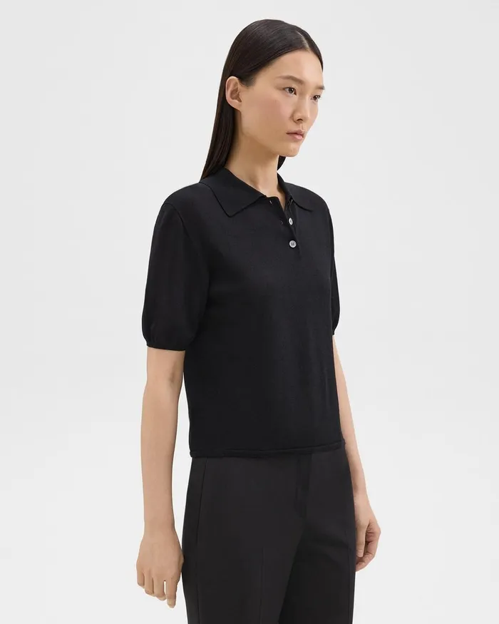 Women Theory Sweaters Cardigans ShortSleeve Polo Sweater In Regal Wool Black