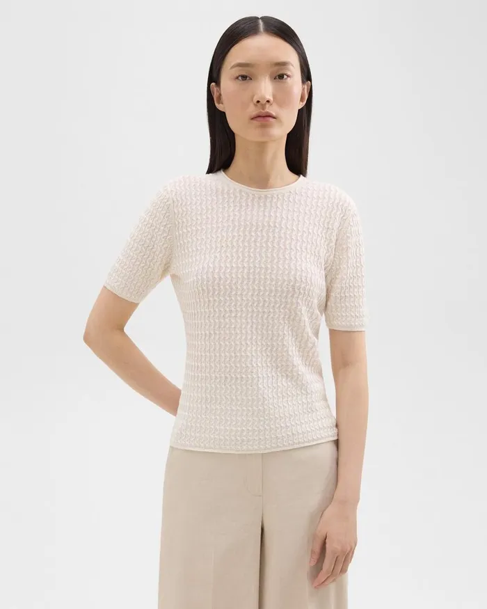 Women Theory Sweaters Cardigans ShortSleeve Sweater In Cable Knit Linen Bone