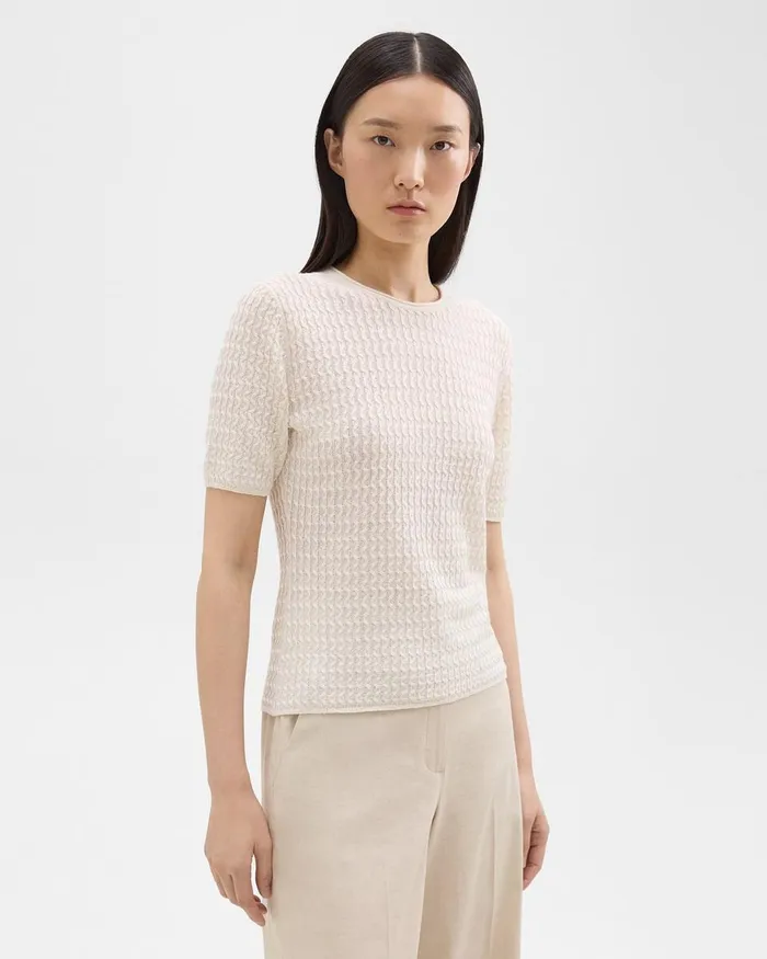 Women Theory Sweaters Cardigans ShortSleeve Sweater In Cable Knit Linen Bone