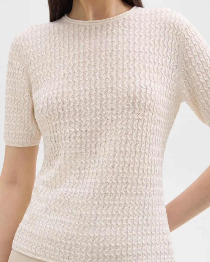 Women Theory Sweaters Cardigans ShortSleeve Sweater In Cable Knit Linen Bone