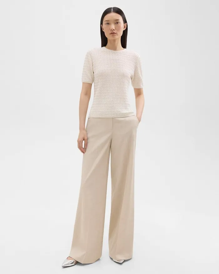 Women Theory Sweaters Cardigans ShortSleeve Sweater In Cable Knit Linen Bone