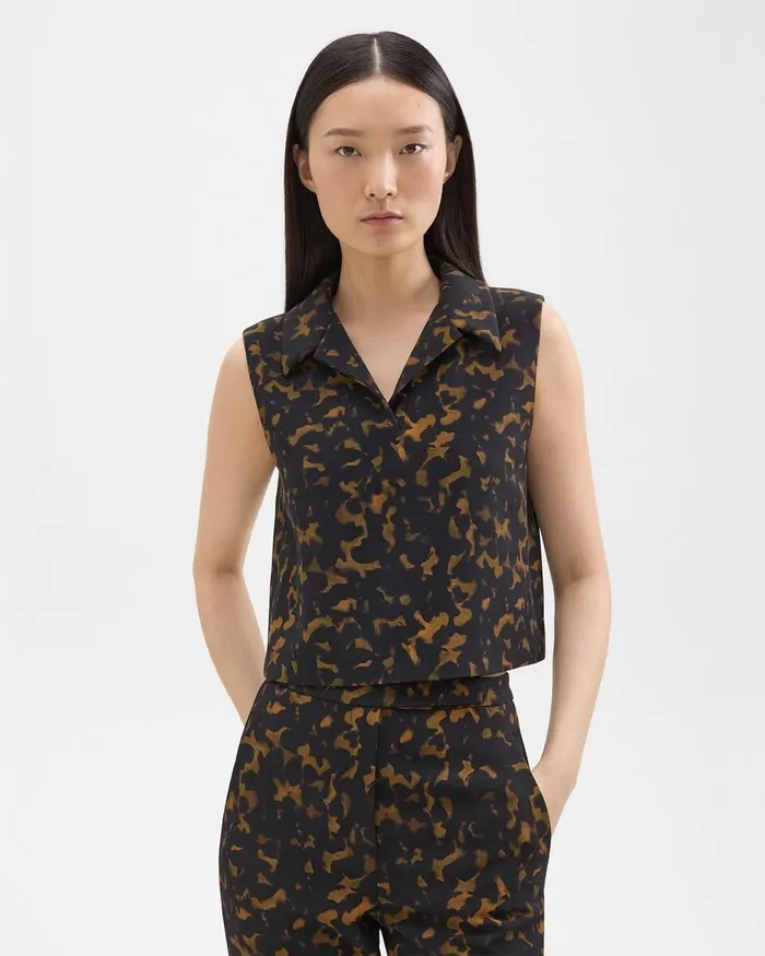 Women Theory Tops Cropped Sleeveless Polo In Tortoiseshell Printed Crepe Dark Brown Multi