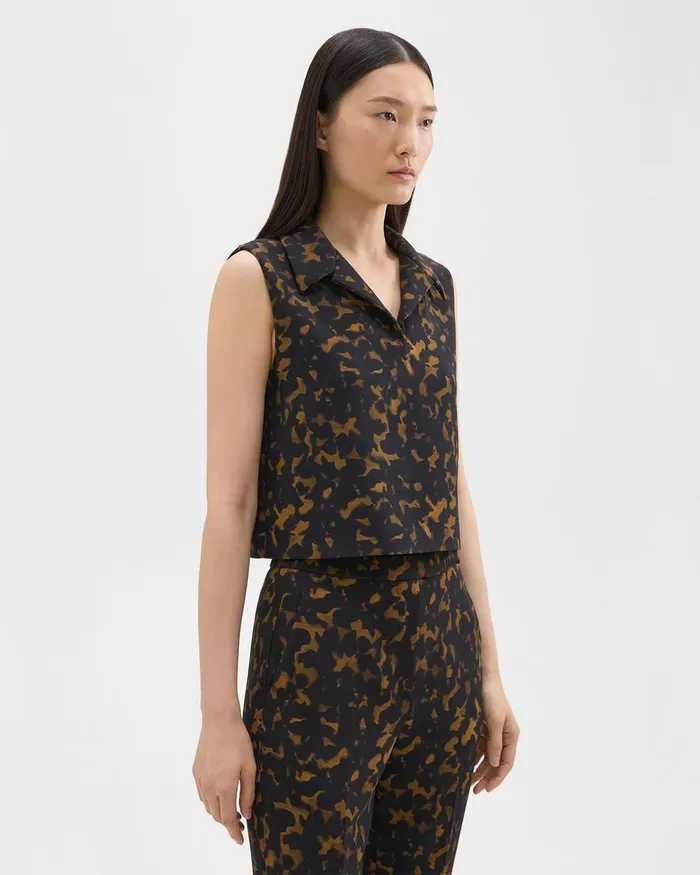 Women Theory Tops Cropped Sleeveless Polo In Tortoiseshell Printed Crepe Dark Brown Multi