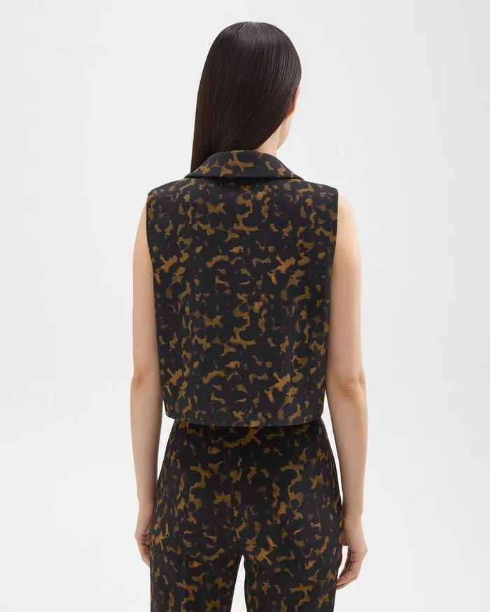 Women Theory Tops Cropped Sleeveless Polo In Tortoiseshell Printed Crepe Dark Brown Multi