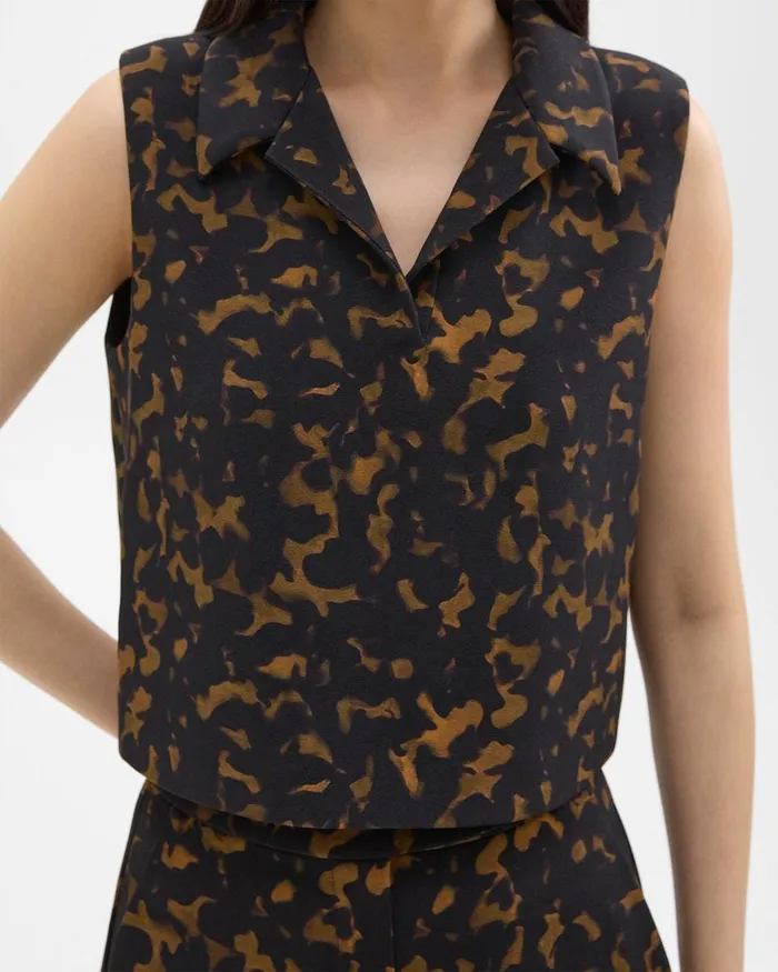 Women Theory Tops Cropped Sleeveless Polo In Tortoiseshell Printed Crepe Dark Brown Multi