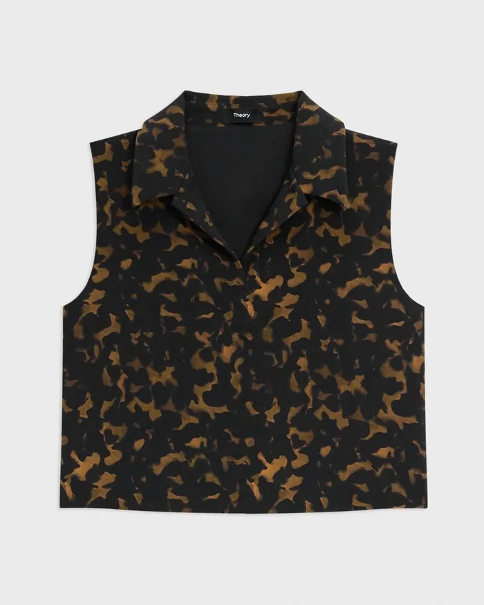 Women Theory Tops Cropped Sleeveless Polo In Tortoiseshell Printed Crepe Dark Brown Multi