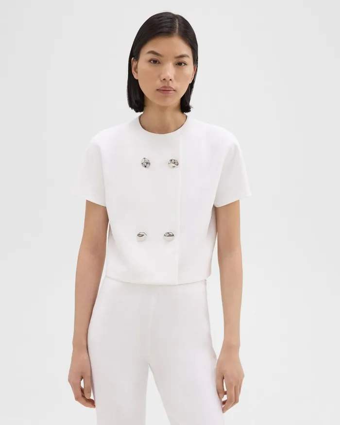 Women Theory Tops DoubleBreasted Crop Top In Crepe Ivory