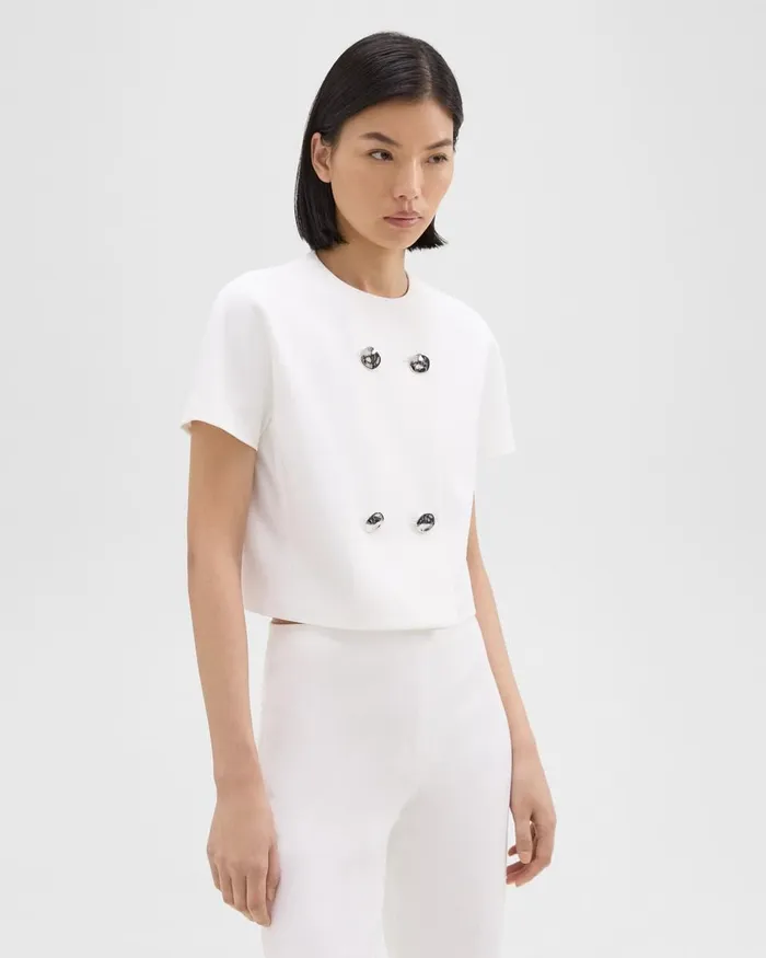 Women Theory Tops DoubleBreasted Crop Top In Crepe Ivory