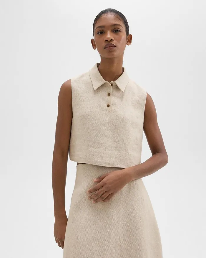 Women Theory Tops Sleeveless Polo In Basket Weave Linen Straw