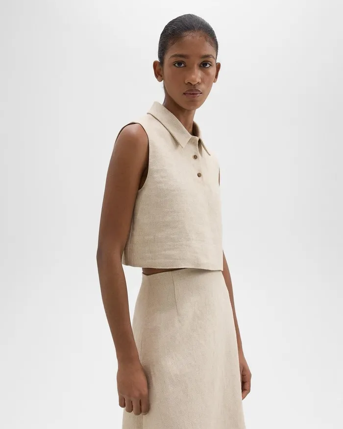 Women Theory Tops Sleeveless Polo In Basket Weave Linen Straw
