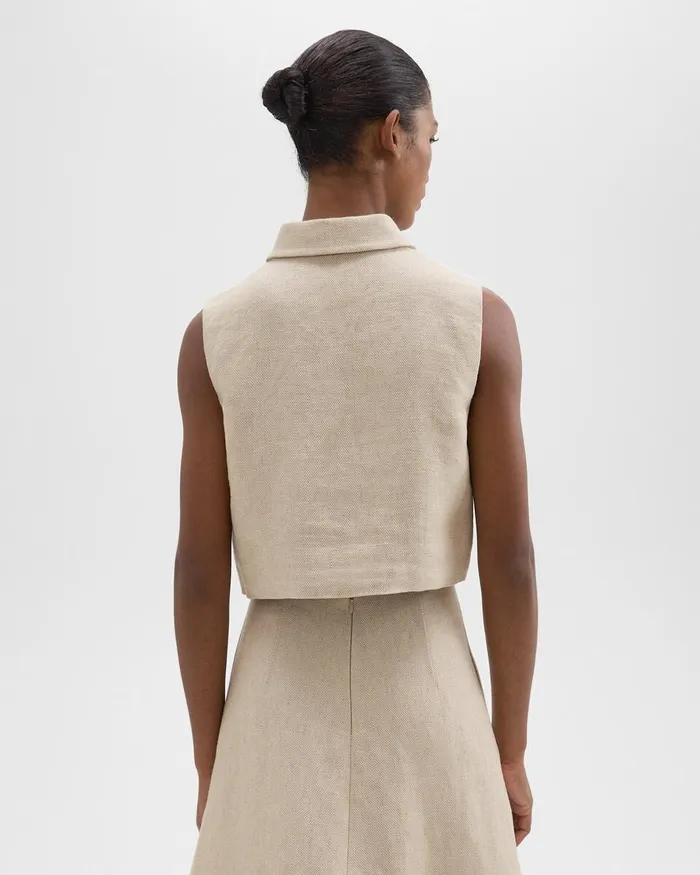 Women Theory Tops Sleeveless Polo In Basket Weave Linen Straw
