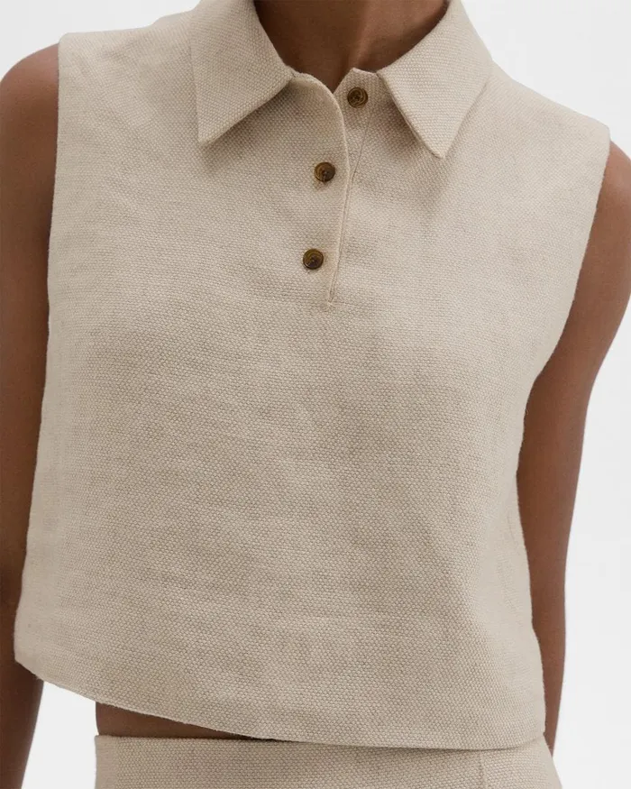 Women Theory Tops Sleeveless Polo In Basket Weave Linen Straw