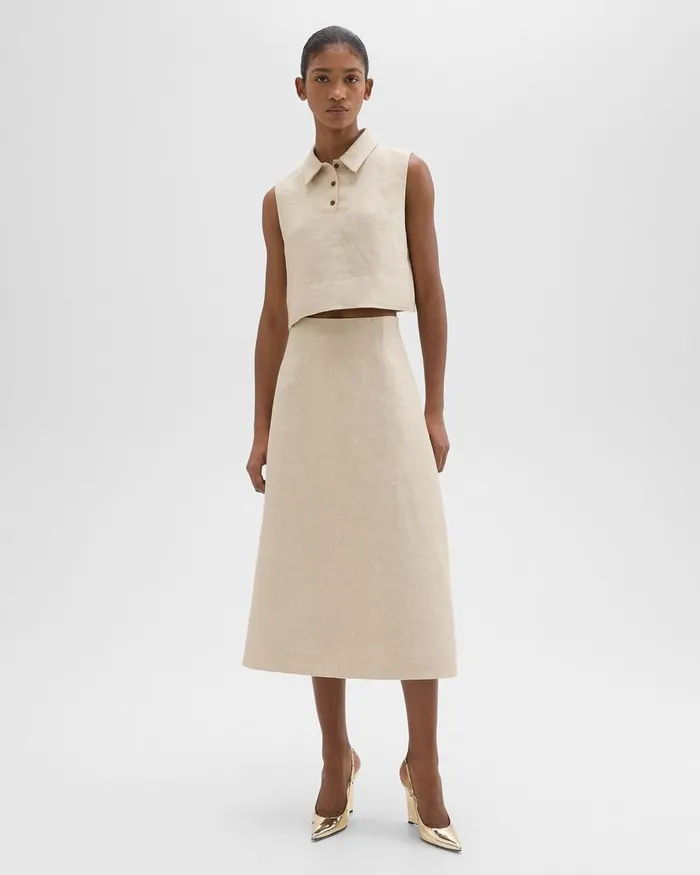 Women Theory Tops Sleeveless Polo In Basket Weave Linen Straw