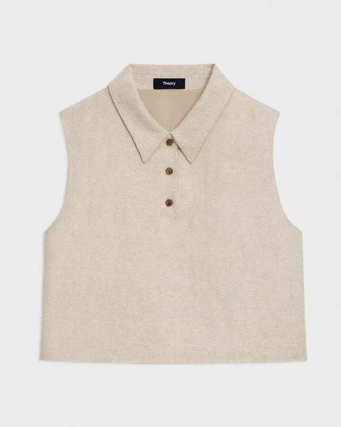 Women Theory Tops Sleeveless Polo In Basket Weave Linen Straw