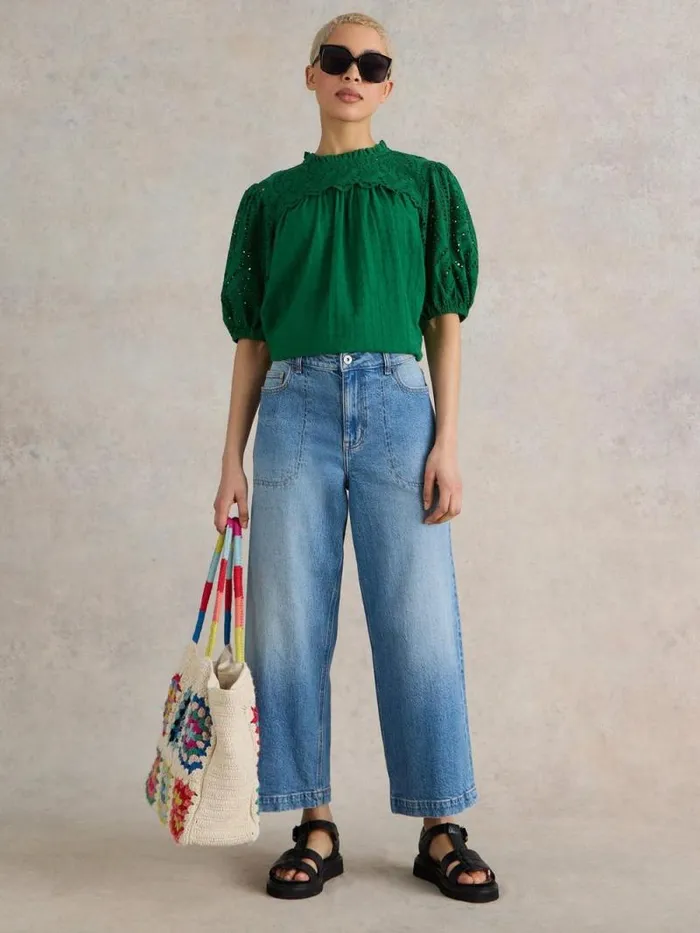 Women Tia Wide Leg Crop Jean Mid Denim White Stuff Trousers