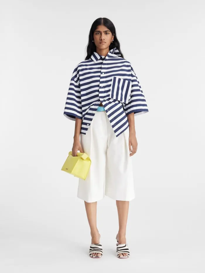 Women Tops and Shirts JACQUEMUS The Pablo Shortsleeve Shirt Print White and Blue Stripes